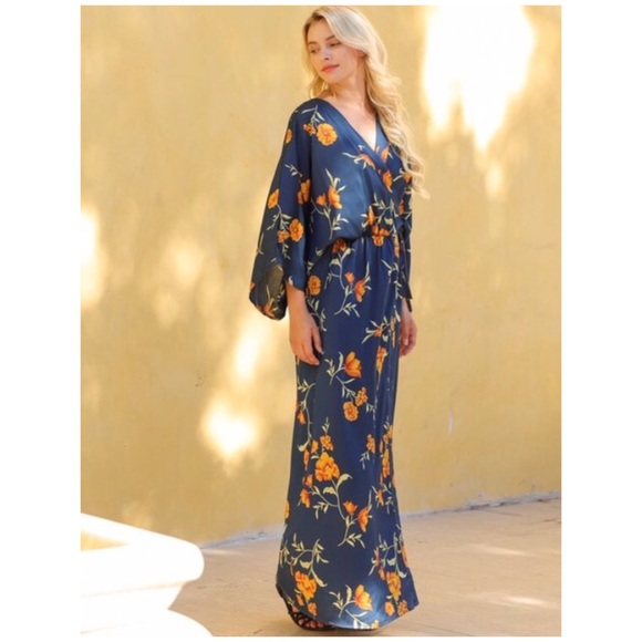 CLEARANCE . Navy Floral Kimono Tie Front Tassel Maxi Dress - Picture 3 of 7